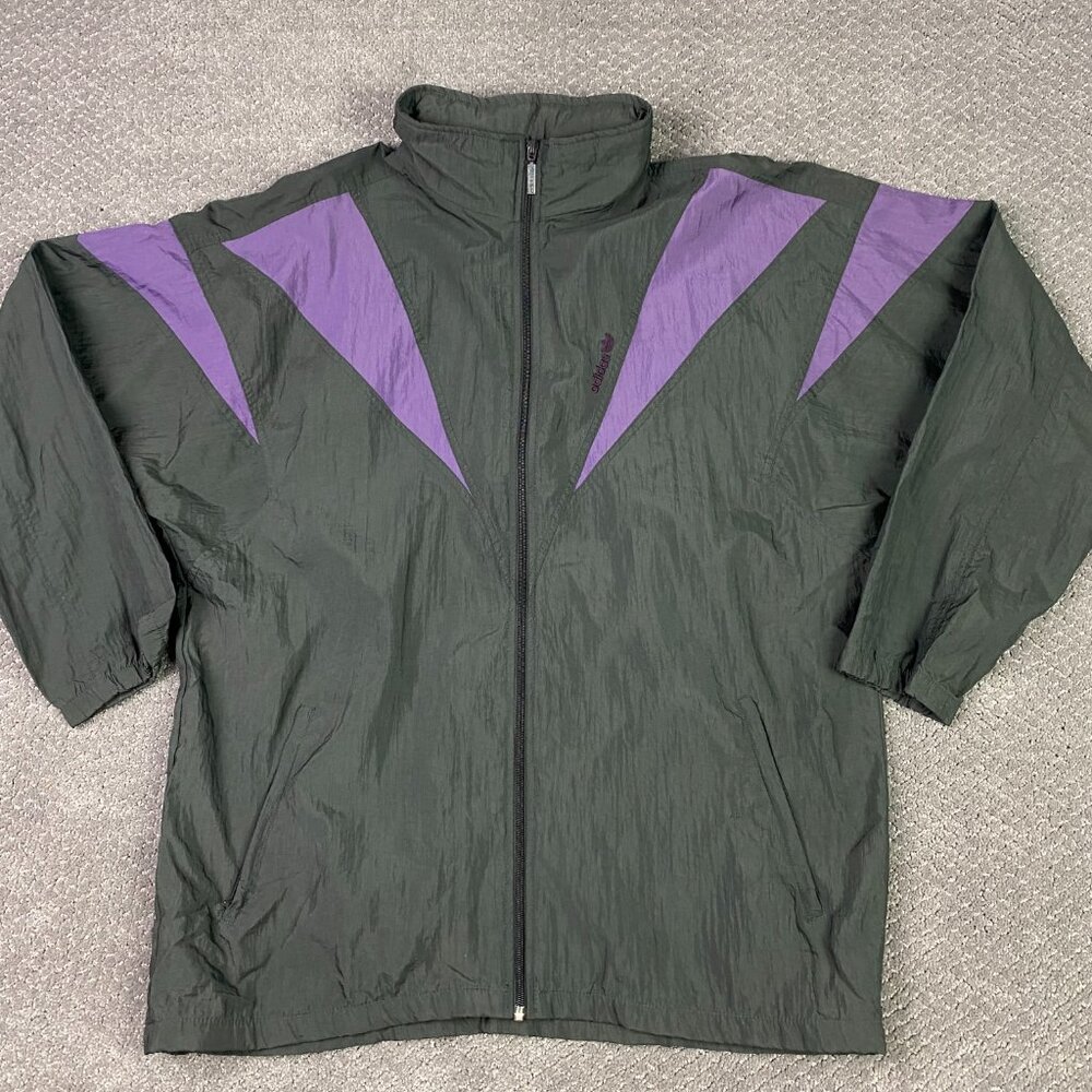 Vintage 90s Adidas Windbreaker Jacket Men's Large Full Zip Black Purple Nylon